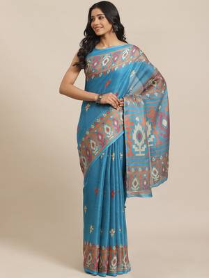 Blue printed jute saree with blouse 1
