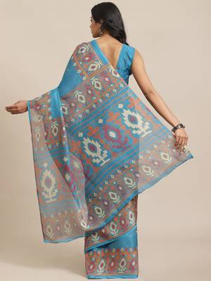 Blue printed jute saree with blouse 2