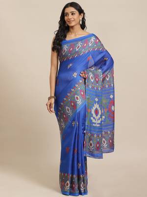 Blue printed jute saree with blouse 1