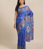 Blue printed jute saree with blouse