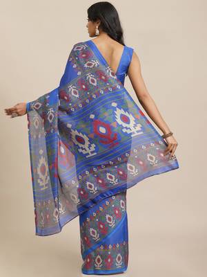 Blue printed jute saree with blouse 2
