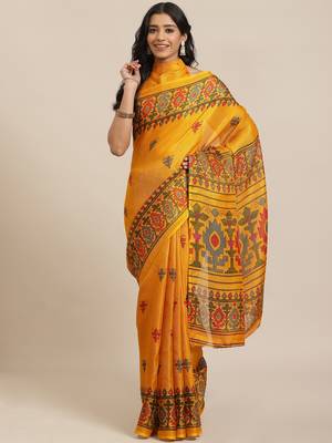 Mustard printed jute saree with blouse 1