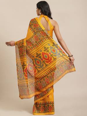 Mustard printed jute saree with blouse 2