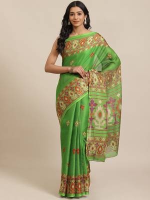 Green printed jute saree with blouse 1