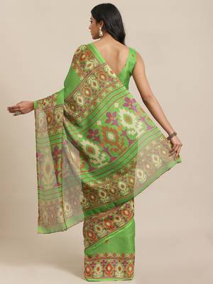 Green printed jute saree with blouse 2