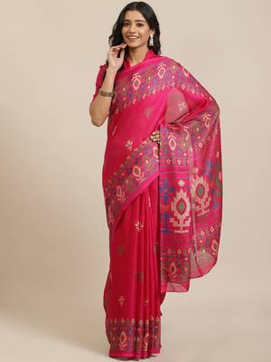 Pink printed jute saree with blouse 1