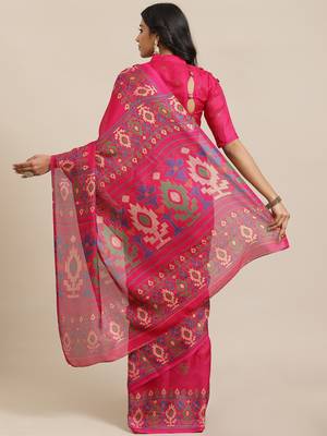 Pink printed jute saree with blouse 2