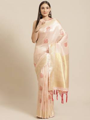 Peach woven silk blend saree with blouse 1