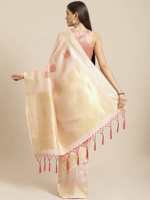 Peach woven silk blend saree with blouse 2