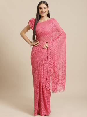 Pink plain net saree with blouse 1