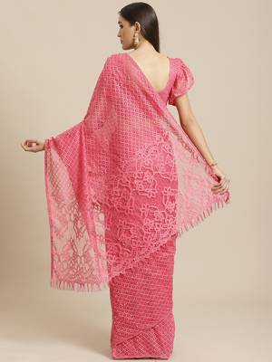Pink plain net saree with blouse 2