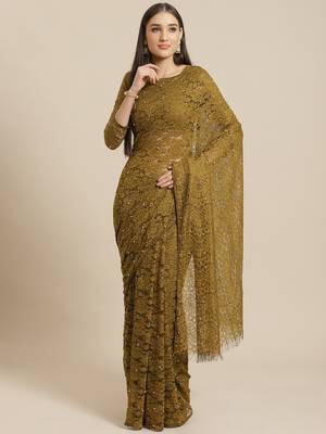 Green plain net saree with blouse 1