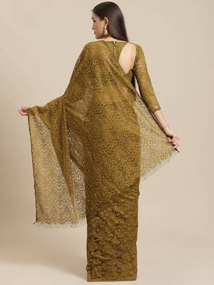 Green plain net saree with blouse 2