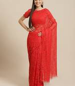 Red plain net saree with blouse