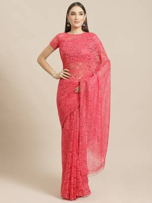 Pink plain net saree with blouse 1
