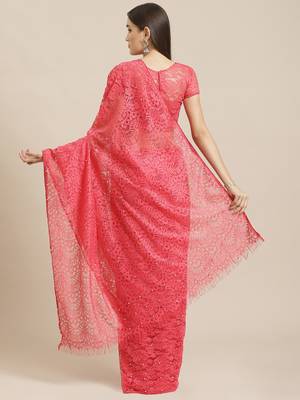 Pink plain net saree with blouse 2