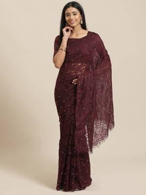 Wine plain net saree with blouse 1