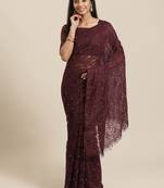 Wine plain net saree with blouse
