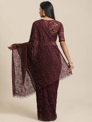 Wine plain net saree with blouse 2
