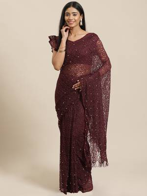 Wine plain net saree with blouse 1