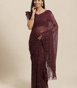 Wine plain net saree with blouse