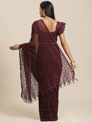 Wine plain net saree with blouse 2