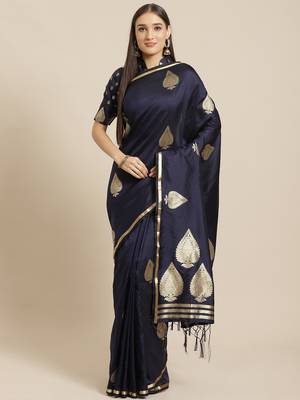 Navy blue woven silk blend saree with blouse 1