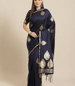 Navy blue woven silk blend saree with blouse