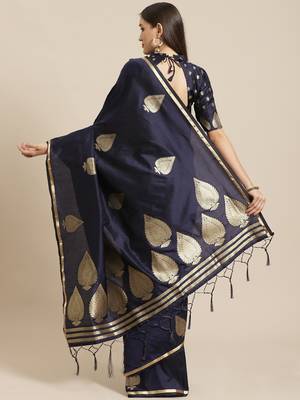 Navy blue woven silk blend saree with blouse 2