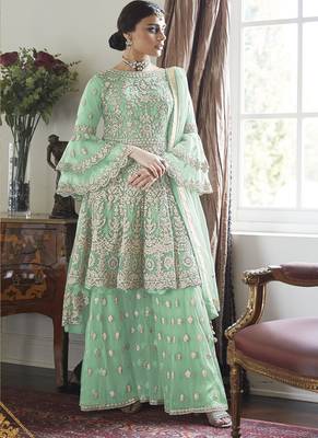 Aquamarine Embroidery Butterfly Net semistich Designer Dull Santoon Sharara. 1