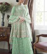 Aquamarine Embroidery Butterfly Net semistich Designer Dull Santoon Sharara.