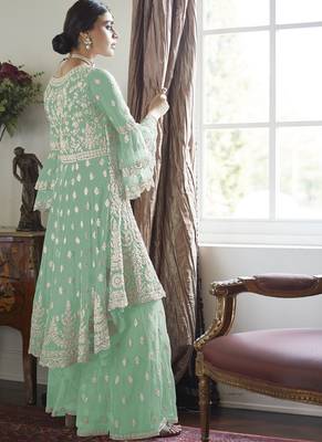 Aquamarine Embroidery Butterfly Net semistich Designer Dull Santoon Sharara. 2
