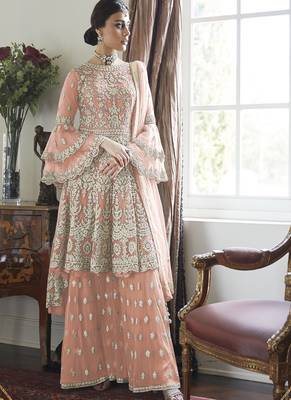 Light Orange Embroidery Butterfly Net semistich Designer Dull Santoon Sharara. 1