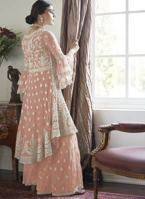 Light Orange Embroidery Butterfly Net semistich Designer Dull Santoon Sharara. 2