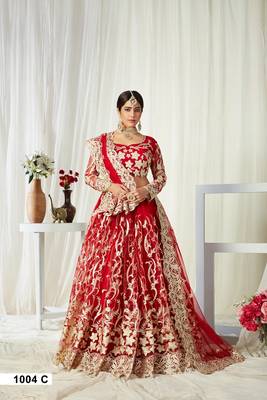 Red embroidered net semi stitched lehenga 1