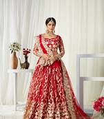 Red embroidered net semi stitched lehenga