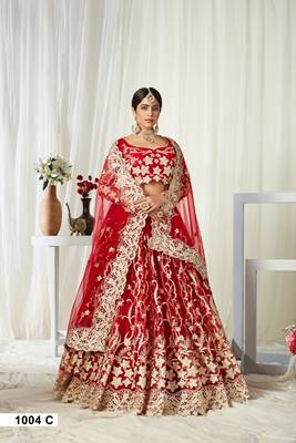 Red embroidered net semi stitched lehenga 2