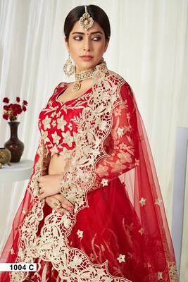 Red embroidered net semi stitched lehenga 3