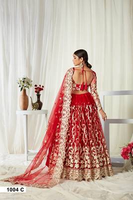 Red embroidered net semi stitched lehenga 4