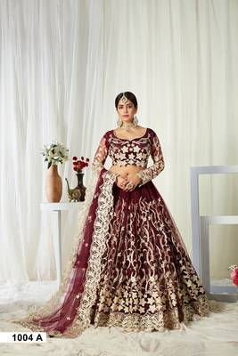 Dark-wine embroidered net semi stitched lehenga 1