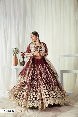 Dark-wine embroidered net semi stitched lehenga 2