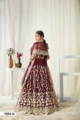 Dark-wine embroidered net semi stitched lehenga 4