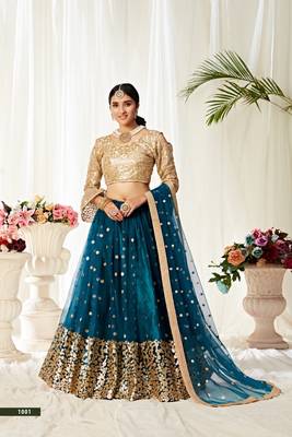 Light-teal embroidered
 net semi stitched lehenga 1