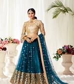Light-teal embroidered
 net semi stitched lehenga