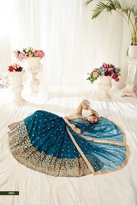 Light-teal embroidered
 net semi stitched lehenga 2