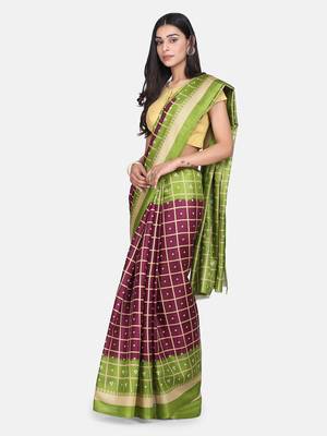 Green Printed Poly Silk Saree With Blouse 4