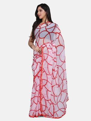 White Printed Chiffon Saree With Blouse 1