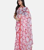 White Printed Chiffon Saree With Blouse