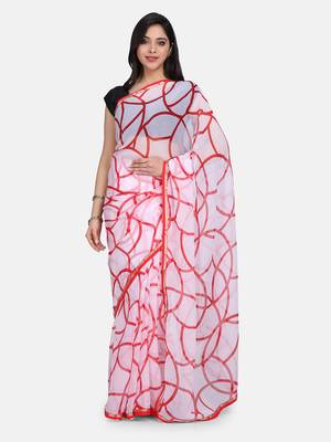 White Printed Chiffon Saree With Blouse 3