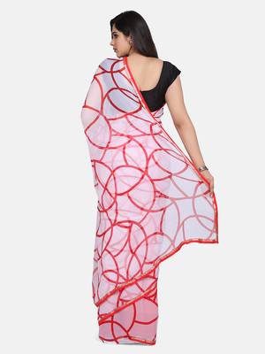 White Printed Chiffon Saree With Blouse 4